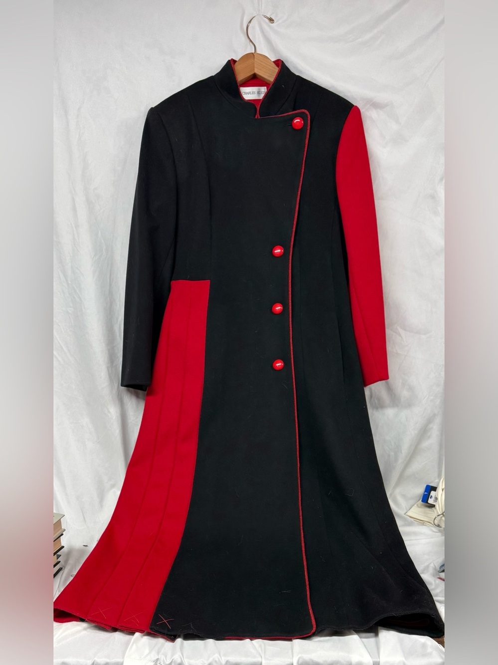 Vintage Charles Klein black and red long wool coat